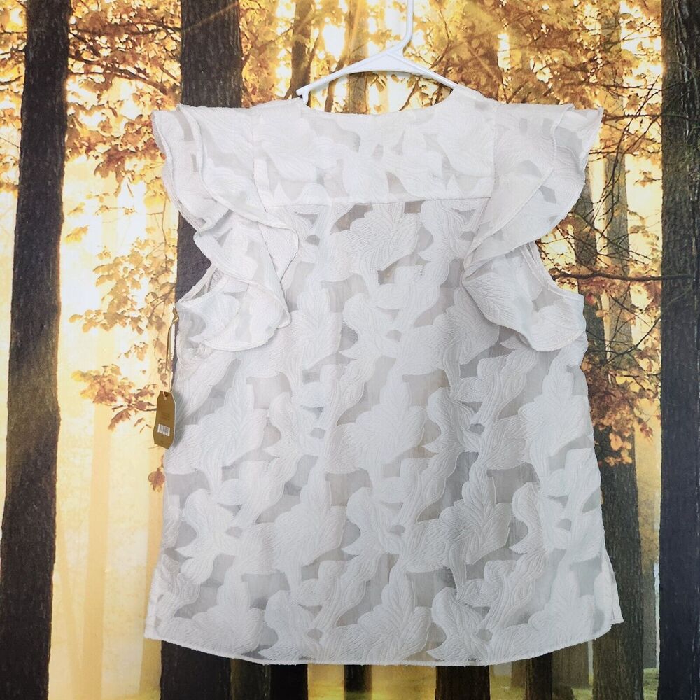Rye Grass Womens Small White Textured Blouse w/ Ruffle Hem Sleeves Sheer Fabric - Picture 4 of 8
